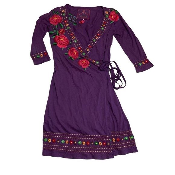 JOHNNY WAS L.A. Purple Embroidered Floral Wrap Bohemian Boho Dress Size Small - Picture 1 of 12